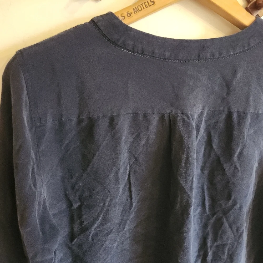 J Crew Silk Navy V-Neck Long Sleeve Popover Blouse X Large 12